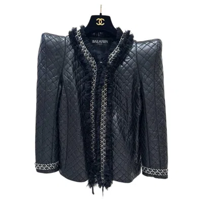 Pre-owned Balmain Paris Quilted Lambskin Jacket With Tulle Ruffles, Size 40 In Black