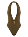 Balmain Pb Buckle Deep V-neck One-piece Swimsuit In Green