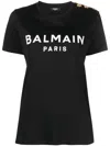 Balmain Black Crewneck T-shirt With Logo Print And Golden Buttons In Jersey Woman