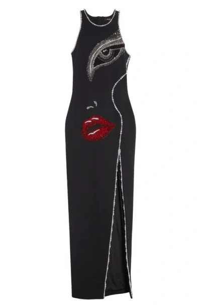 Balmain Partial Face Embellished Slit Gown In Black