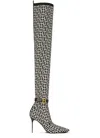Balmain Bicolor Knit Raven Thigh-high Boots With Monogram Strap In Black
