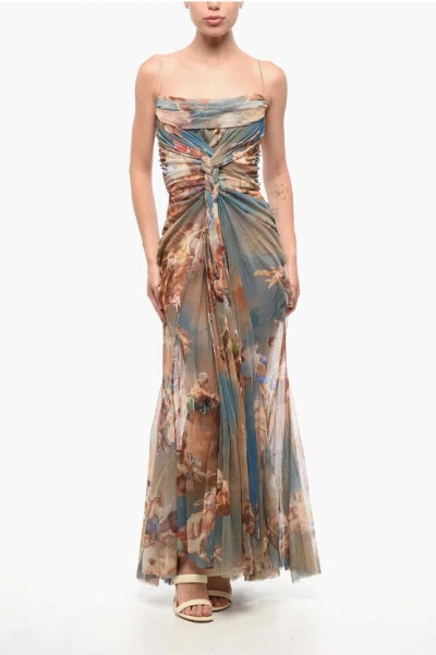 Balmain Patterned Draped Tulle Maxi Dress In Gray
