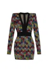 Balmain Knit Dress With Monogram And Geometric Pattern In Multicolor
