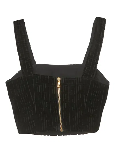 Pre-owned Balmain Patterned Velvet Crop Top In Black