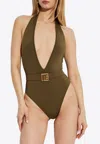 Balmain Pb Buckle Deep V-neck One-piece Swimsuit In Green