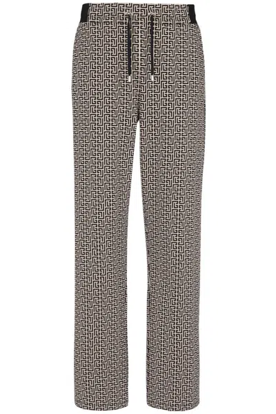Balmain Monogram-jacquard Drawstring-waistband Track Pants In Beige