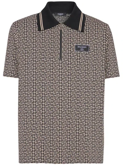 Balmain Pb Labyrinth Jacquard Polo Shirt In Brown