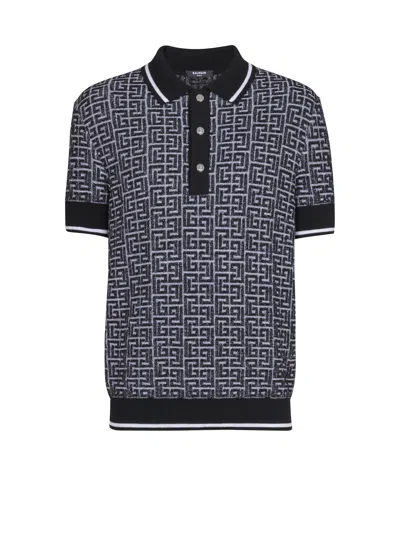 Balmain Pb Labyrinth Jacquard Knit Polo T-shirt In Black