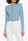 Balmain Pb Labyrinth Knitted Cropped Cardigan In Light Blue
