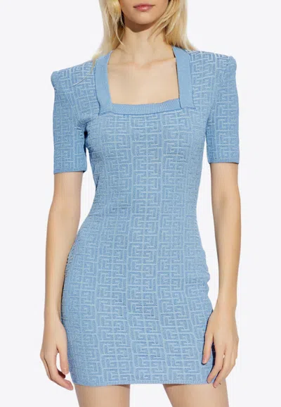 Balmain Pb Labyrinth Knitted Mini Dress In Blue