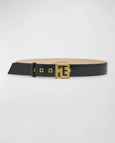 Balmain Pb Monogram Patent Leather Belt In Black