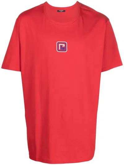Balmain T-shirts In Rouge Vif/creme/bleu Moyen