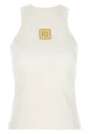 Balmain Beige Embroidered Logo Cotton Blend Top In White