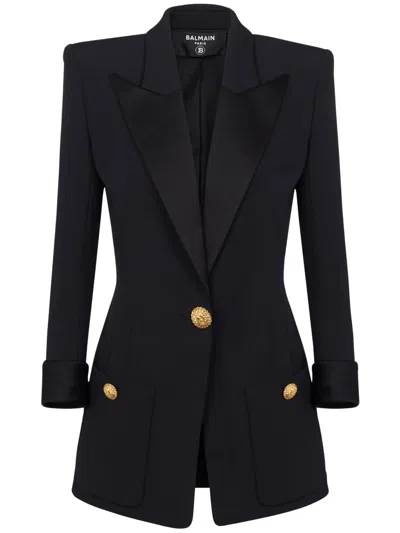 Balmain Embellished Satin-trimmed Grain De Poudre Wool Blazer In Blue