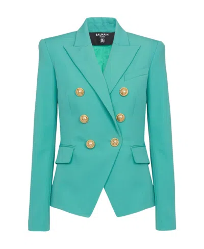 Balmain Double-breasted Grain De Poudre Wool Blazer In Aqua Green