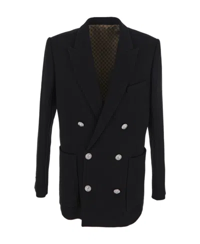 Balmain Peak-lapels Twill Double-breasted Blazer In Black