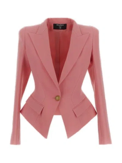 Balmain Peaked Lapel Pink Wool Jacket For Women