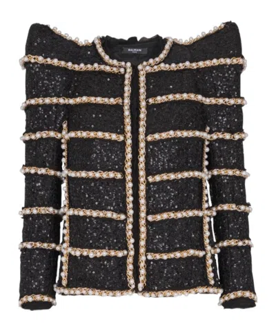 Balmain Pearl Chain Detail Casual Jacket In Black