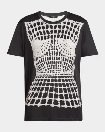 Balmain Pearl Trompe Loeil Corset T-shhirt In Black