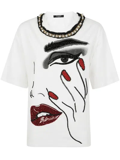 BALMAIN BALMAIN PEARLS CHAINS DETAILS PARTIAL FACE T-SHIRT CLOTHING