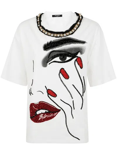 Balmain Pearls Chains Details Partial Face T-shirt In White
