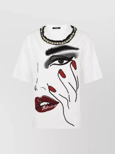 BALMAIN PEARLS CHAINS PARTIAL FACE GRAPHIC T-SHIRT