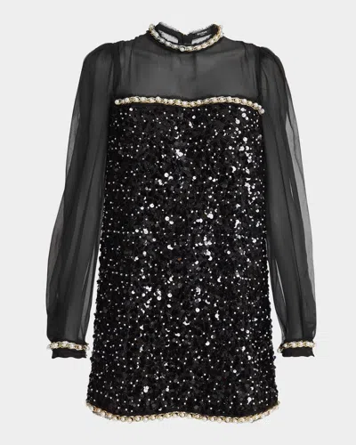 Balmain Pearly Chain Long-sleeve Sequined Mini Dress In Black