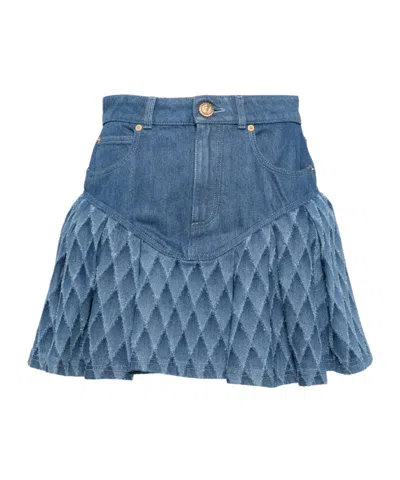 Balmain Peplum Denim Skirt In Blue
