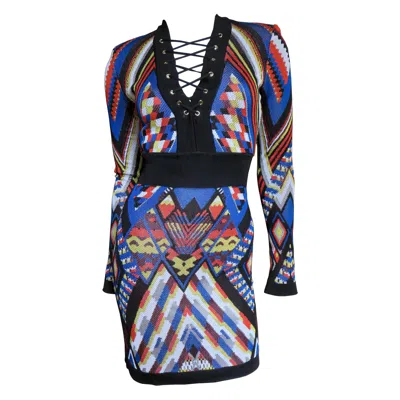 Pre-owned Balmain Pierre  New Geometric Print Lace Up Dress In Black