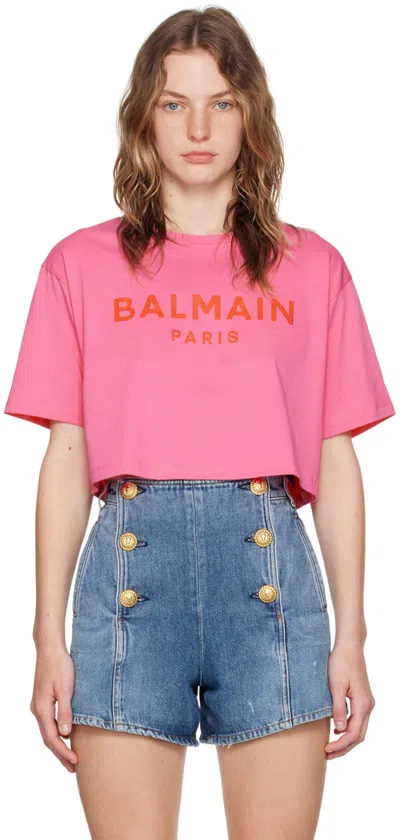 Balmain Logo-print Cropped T-shirt In Pink