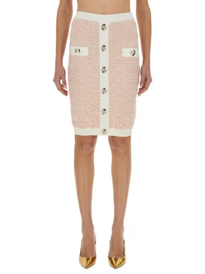 Balmain Tweed Midi Skirt In Pink
