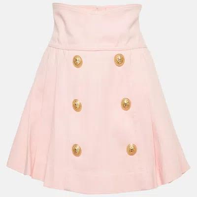 Pre-owned Balmain Pink Denim Applique Detail Pleated Mini Skirt S