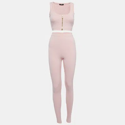 Pre-owned Balmain Pink Embossed Wool Blend Active Wear Set S