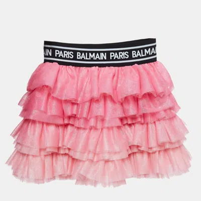 Pre-owned Balmain Pink Glitter Tulle Tiered Skirt (12 Yrs)