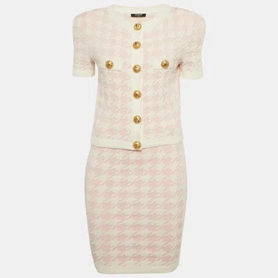 Pre-owned Balmain Pink Houndstooth Knit Skirt Suit S