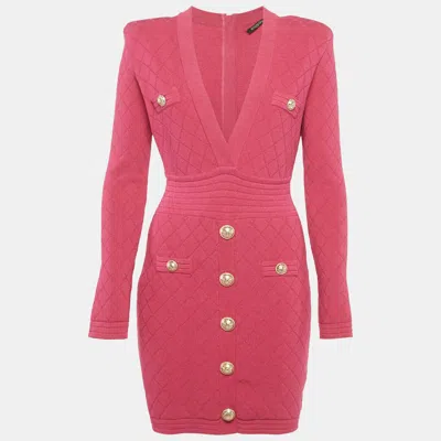 Pre-owned Balmain Pink Jacquard Knit Button Detail Mini Dress M