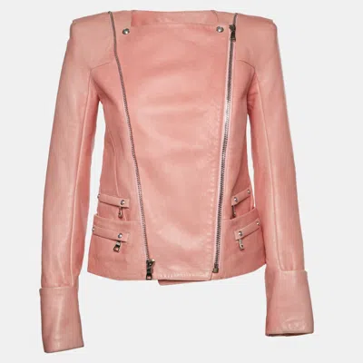 Pre-owned Balmain Pink Leather Zip-up Biker Jacket M
