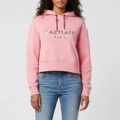 Pre-owned Balmain Pink Logo Embossed Jersey Cropped Sweatshirt Xs