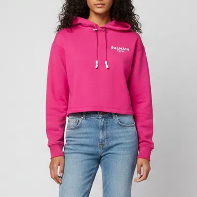 Pre-owned Balmain Pink Logo Print Jersey Cropped Hoodie Xs