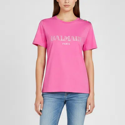 Pre-owned Balmain Pink Logo Print Jersey Short Sleeve T-shirt M