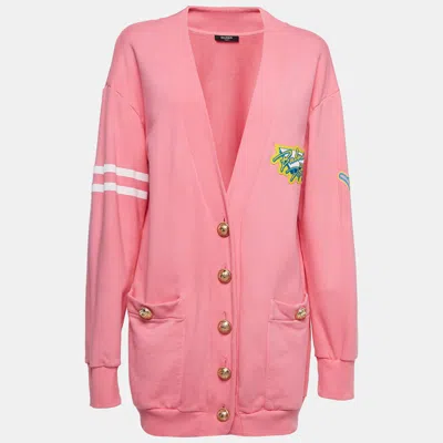 Pre-owned Balmain Pink Logo Printed Cotton Button Detailed Cardigan S