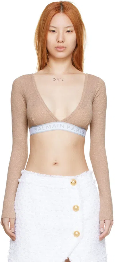 Balmain Pink Lurex Long Sleeve T-shirt In 651 Pink/gold