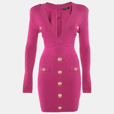 Pre-owned Balmain Pink Plunge Neck Knit Mini Dress S