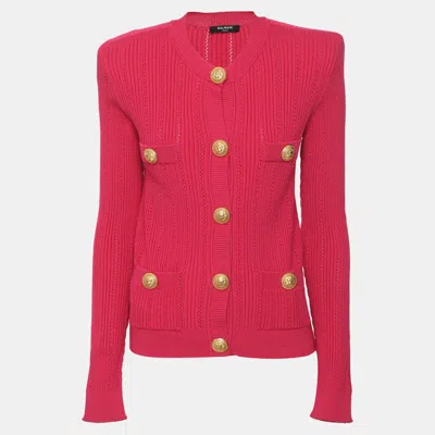 Pre-owned Balmain Pink Rib Knit String Shoulder Cardigan S