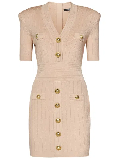 Balmain Pink Ribbed Knit Mini Dress In Neutral
