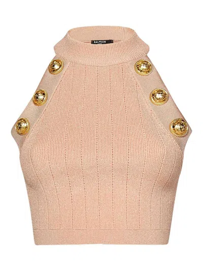 Balmain Pink Ribbed Viscose Blend Knit Cropped Top In Nude