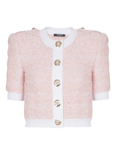 BALMAIN PINK SHORT-SLEEVED KNIT CARDIGAN