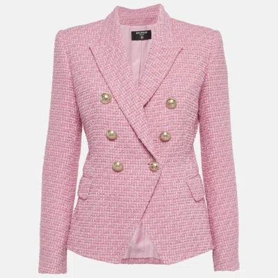 Pre-owned Balmain Pink Tweed Double Breasted Blazer M