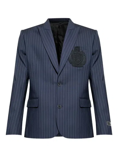 BALMAIN PINSTRIPE APPLIQUÉ-LOGO BLAZER
