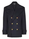 Balmain Merino Wool-blend Stripe Pea Coat In Blue